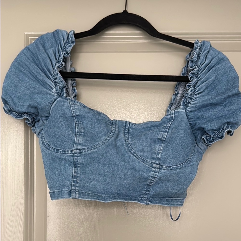 Denim Puff Sleeve Crop Top